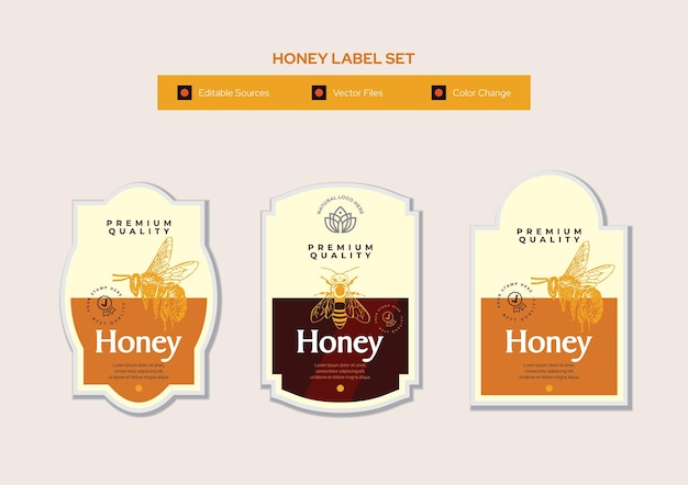 ベクトル 蜂蜜のラベルデザイン 蜂蜜製品のパッケージデザインを設定します 創造的なラベル 蜂のデザイン