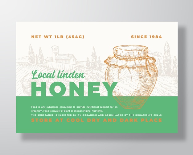 Vector honey label template abstract vector packaging design layout modern typography banner with hand drawn pot or jar and rural landscape background