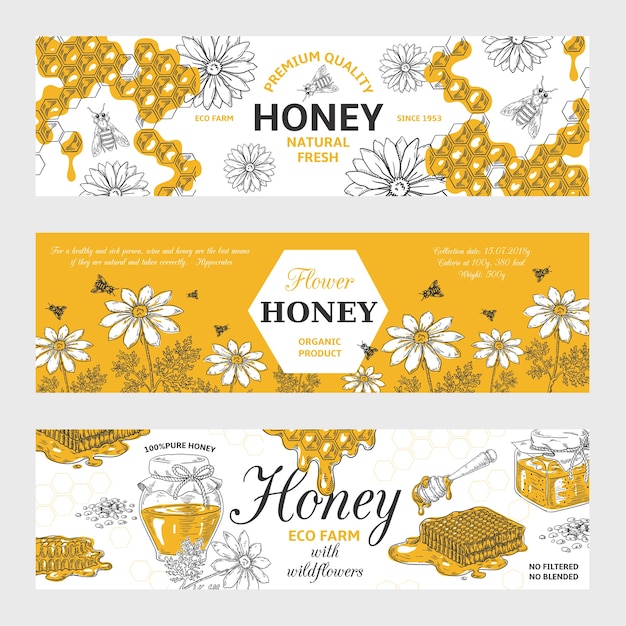 Etichette di miele. sfondo di schizzo vintage a nido d'ape e api, cibo biologico disegnato a mano retrò