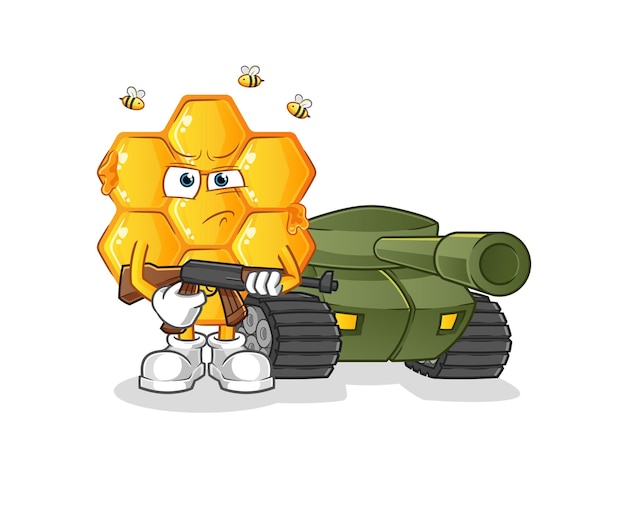 Honey pattern soldier with tank character cartoon mascot vector