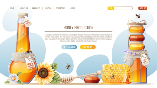 Медовые продукты соты банка медоносных пчел медовый магазин шаблон дизайна веб-страницы векторная иллюстрация