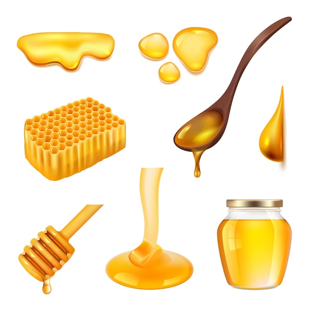 Vector honey realistic yellow beeswax insects healthy liquid products organic food jars beekiping equipment decent vector illustrations