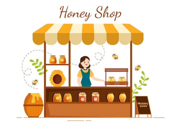 Honey Shop with a Natural Useful Product Jar or Honeycombs to be Consumed on Flat Illustration