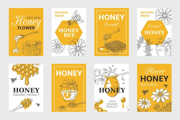 Vector honey sketch poster. honeycomb and bees flyer set, organic food design, beehive, jar and flowers layout.