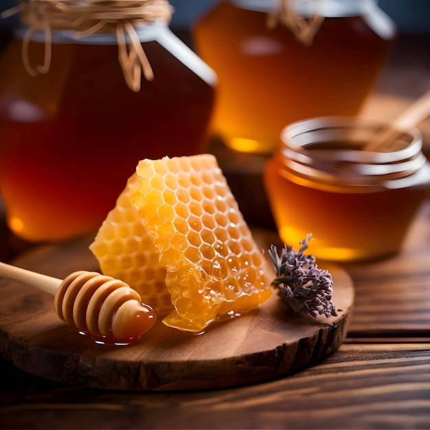 Honey stick honeycomb and honey in jar on the wooden board