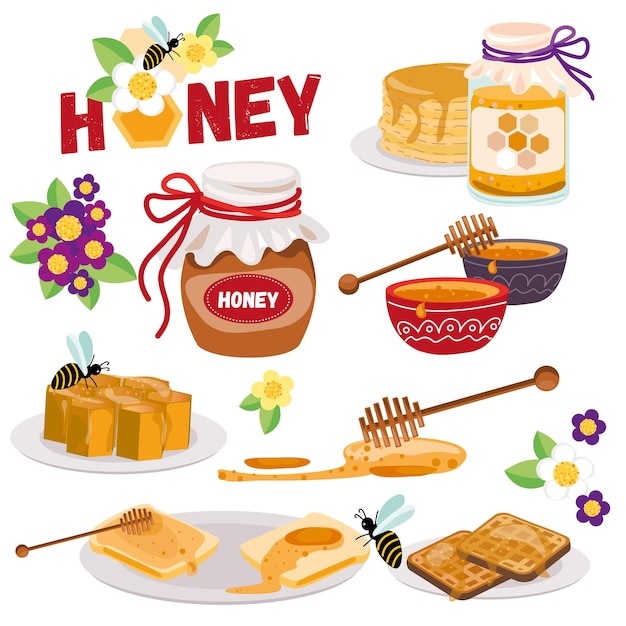 Honey sticker pack bee and flowers vector elements for design