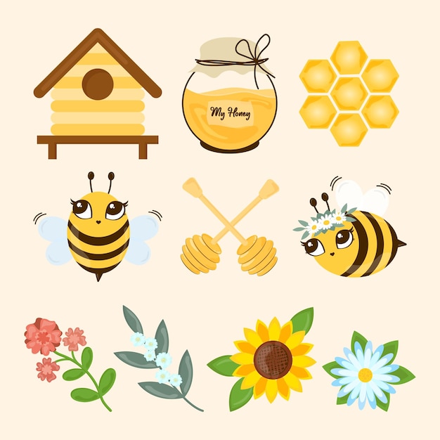 Honey vector elements with bee and flowers