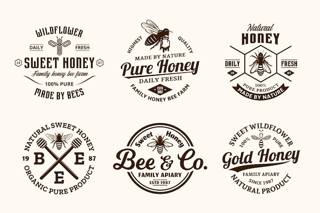 はちみつ製品、養蜂場、養蜂のブランディングとアイデンティティのためのはちみつヴィンテージのロゴとアイコン