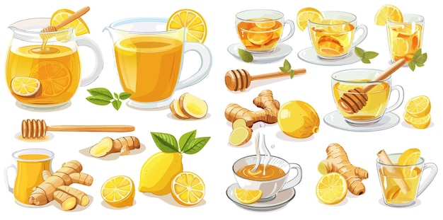 Miele, vitamina c, limone, tè caldo e radice di zenzero tritata set di illustrazioni vettoriali di cartoni animati