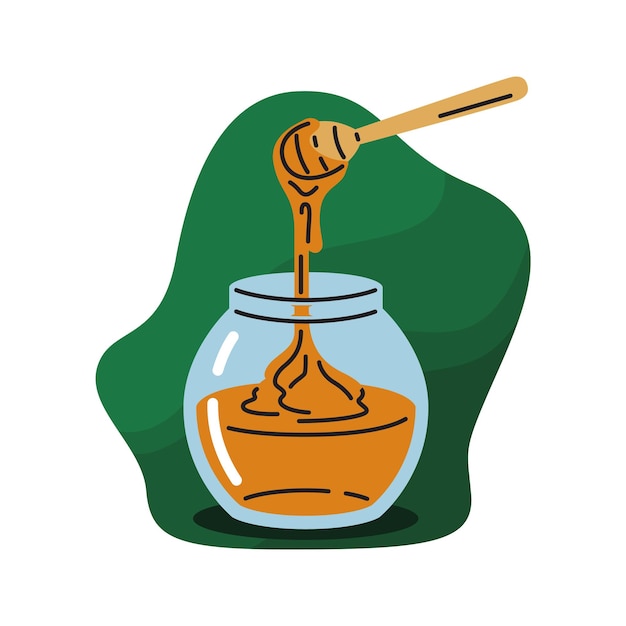 Honey with wooden spoon flat vector illustration