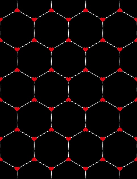 Honeycomb graphic with red hearts seamless pattern on black background.