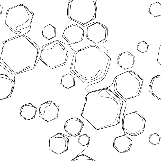 Сотовые шестиугольники абстрактные каракули бесшовный узор. Линия рисования хаотических шестиугольников векторной текстуры.
