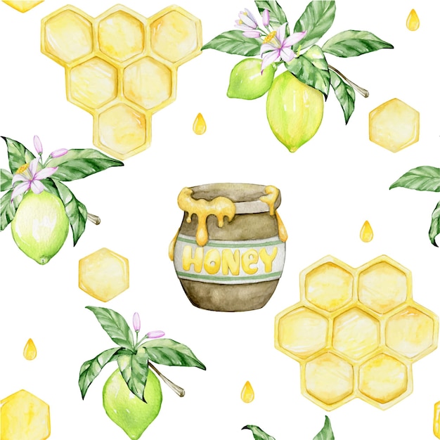 Honeycomb lemon a barrel of honey watercolor seamless pattern on an isolated background