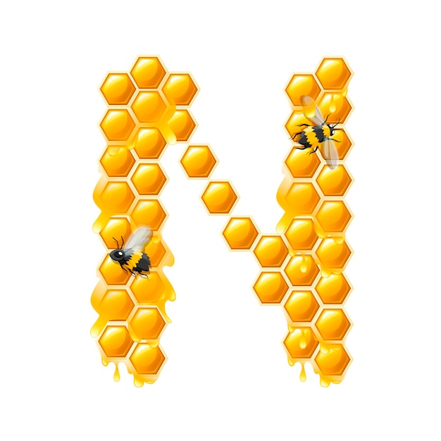Lettera n a nido d'ape con gocce di miele e illustrazione vettoriale piatto ape isolato su sfondo bianco.