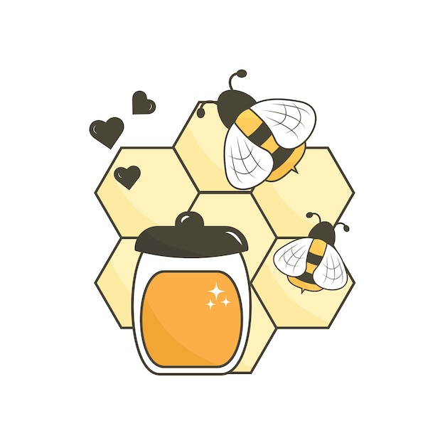 Honeycomb with bee and jar of honey Sweet honey. Jar of honey with flower daisy. Honey flat design