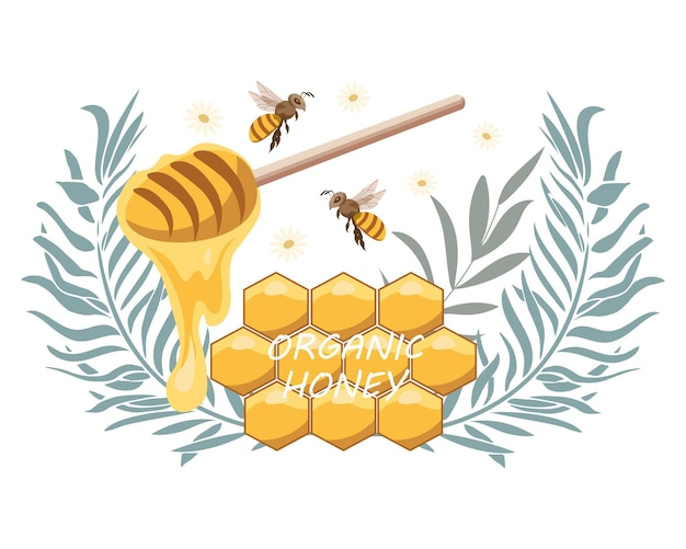 Honeycomb with honey dipper and bees organic honey Vector illustration icon logo