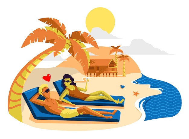 Vector honeymoon  illustration, paradise island.