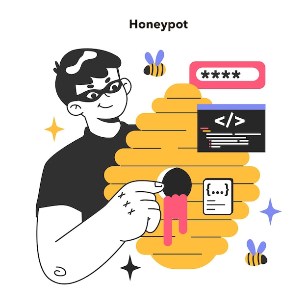 Vettore honeypot meccanismo di sicurezza del computer impostato per rilevare deviare contrastare tentativi di utilizzo non autorizzato dei sistemi informativi baiting utilizzato per bloccare un hacker illustrazione vettoriale piatta