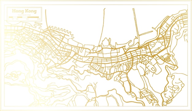 Hong kong china city map in retro style in golden color outline map