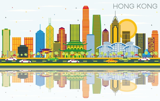 Hong Kong China City Skyline met kleur gebouwen, blauwe lucht en reflecties. Vectorillustratie. Zakelijk reizen en toerisme Concept met moderne architectuur. Hong Kong-stadsgezicht met oriëntatiepunten.