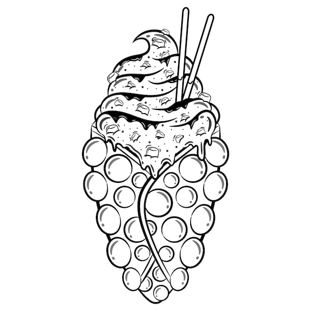 Hong Kong egg bubble waffle with pink ice cream and mini marshmallows sketch for coloring