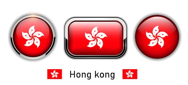 Hong kong flag buttons, 3d shiny vector icons.