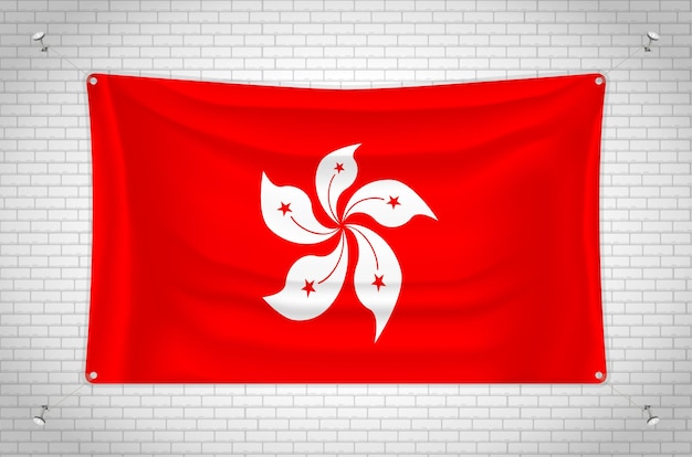 Hong Kong flag hanging on brick wall. 3D drawing. Flag attached to the wall. Neatly drawing in group