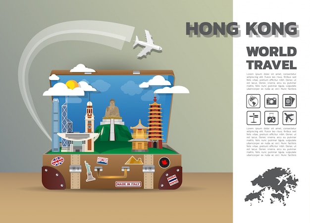 Hong kong landmark global travel and journey infographic luggage.3d design