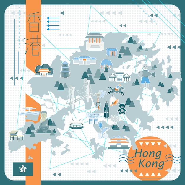 Vector hong kong map design in flat style - the upper left title is hong kong in chinese word