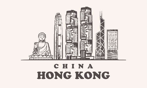 Hong kong skyline, china vintage  illustration, hand drawn buildings of hong kong city, on white background.