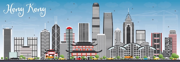 Hong Kong Skyline met grijze gebouwen en blauwe lucht. Vectorillustratie. Zakelijk reizen en toerisme Concept met moderne architectuur. Afbeelding voor presentatiebanner plakkaat en website.
