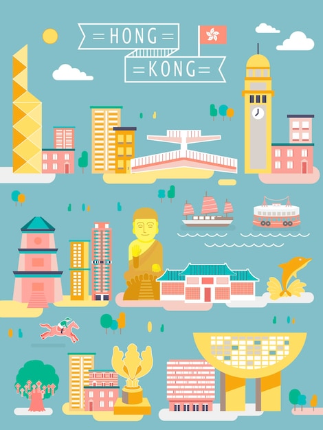 Гонконгские туристические коллекции в плоском дизайне