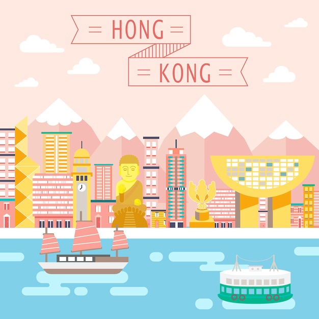 평면 스타일의 홍콩 여행 컨셉 디자인