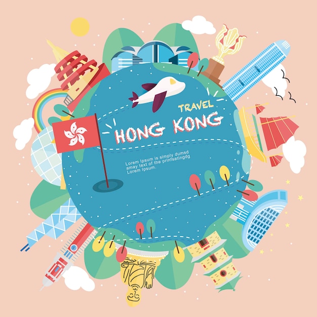  Hong Kong travel concept poster in flat style