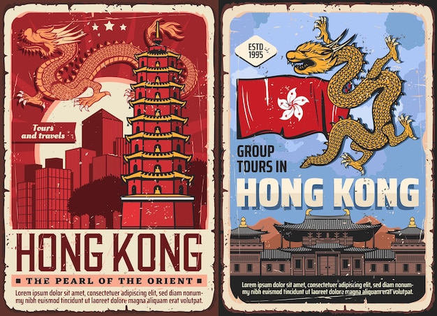 Hong Kong travel vector Chinese landmarks posters