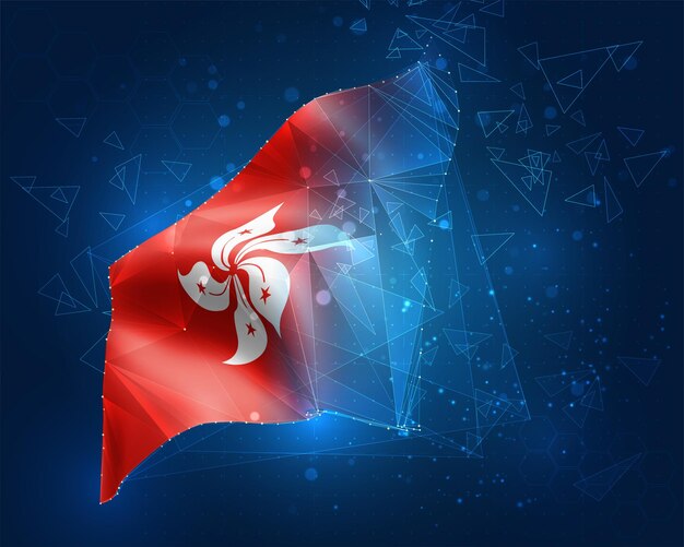 Hong Kong, vector flag, virtual abstract 3D object from triangular polygons on a blue background