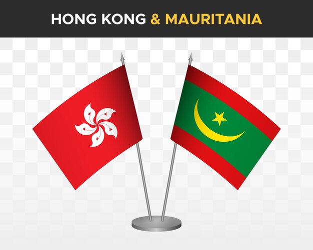 Bandiere da scrivania hong kong vs mauritania mockup isolato 3d illustrazione vettoriale bandiera da tavolo