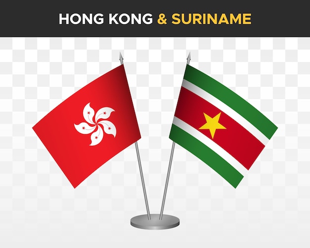 Hong Kong vs suriname desk flags mockup isolated 3d vector illustration table flag