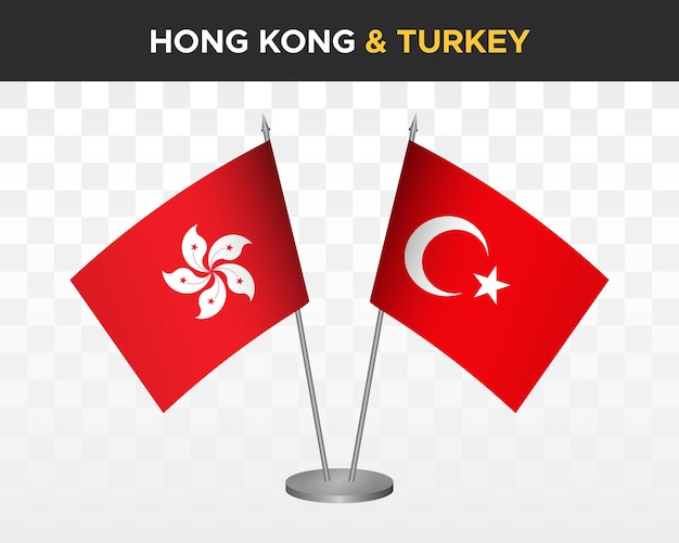 Hong Kong vs turkey desk flags mockup isolated 3d vector illustration table flag
