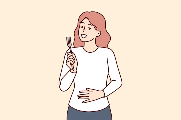 Hongere vrouw met vork in handen raakt de buik aan en toont goede eetlust