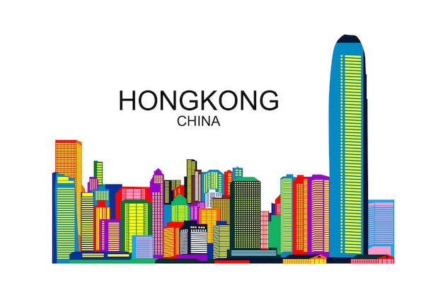 香港, 陶磁器, カラフルである, 空撮, 都市 スカイライン, 中に, ベクトル, イラスト