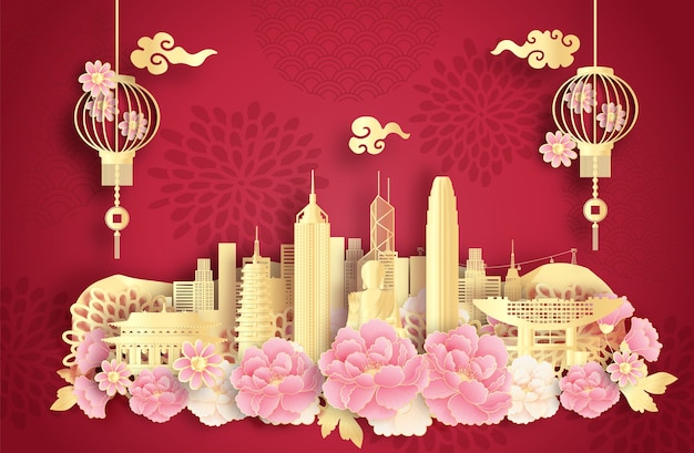 世界的に有名なランドマークと美しいちょうちんがある中国、香港