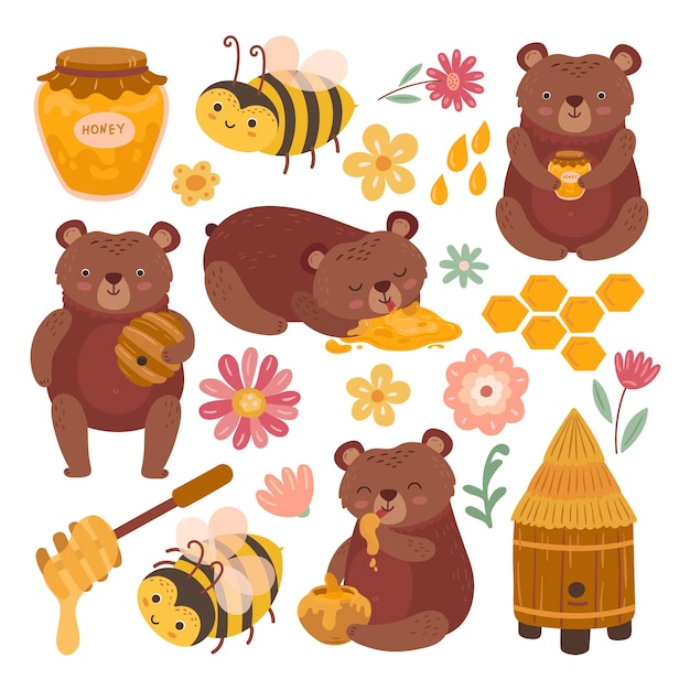 Honing en beer Cartoon beren pluche grizzly dier met lekkere honing Platte honingraten korf en bij grappige baby wild exacte vector tekens illustratie karakter teddy met honing