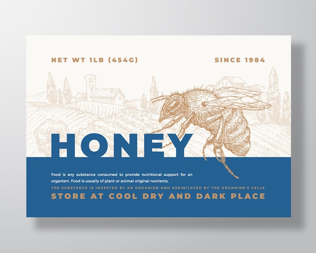Honing Label Template Abstract Vector Verpakking Ontwerp Lay-out Moderne Typografie Banner met Handgetekende Bee en Landelijk Landschap Achtergrond