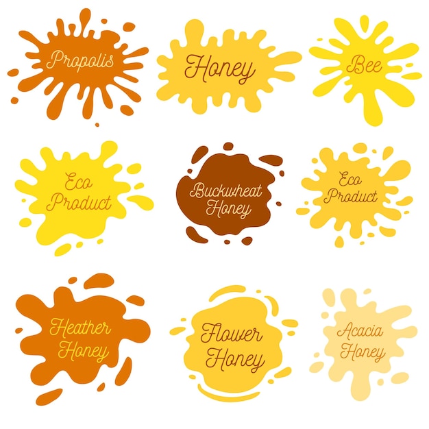 Honing splash set etiketten. spatten en druppels collectie. vector illustratie