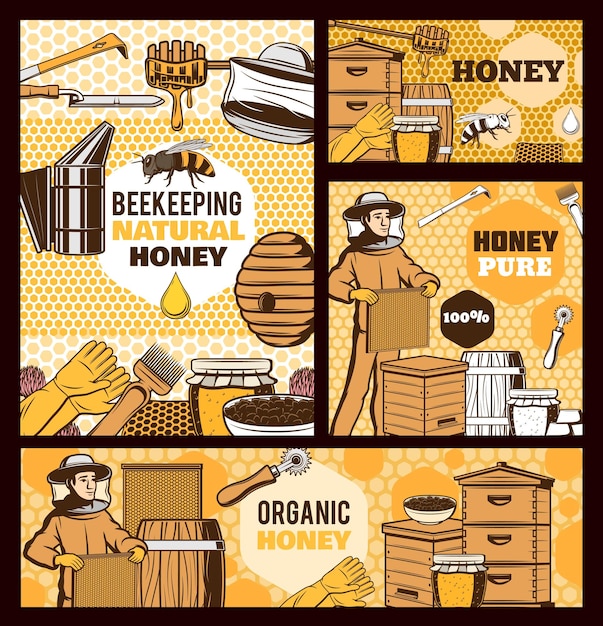 Vector honingbij bijenkorven imkers met bijenstal tools