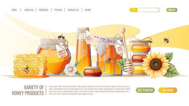 Honingproducten Honingraten pot honingbijen Honing winkel webpagina ontwerpsjabloon Vectorillustratie