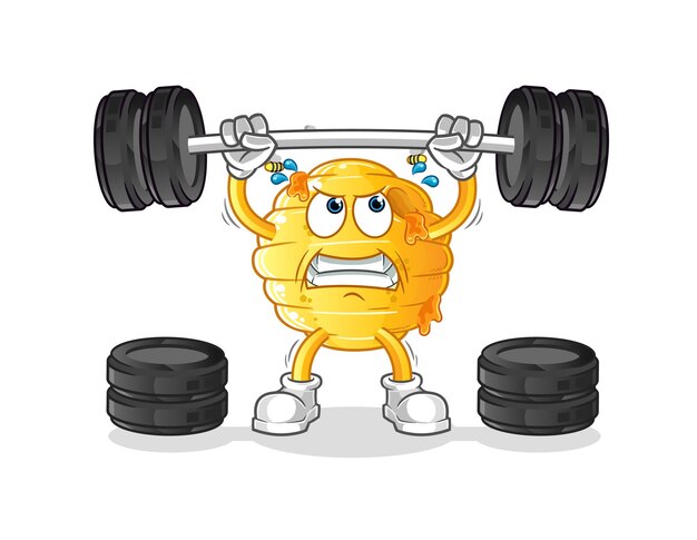 Honingraat die het barbell-karakter optilt. cartoon mascotte vector