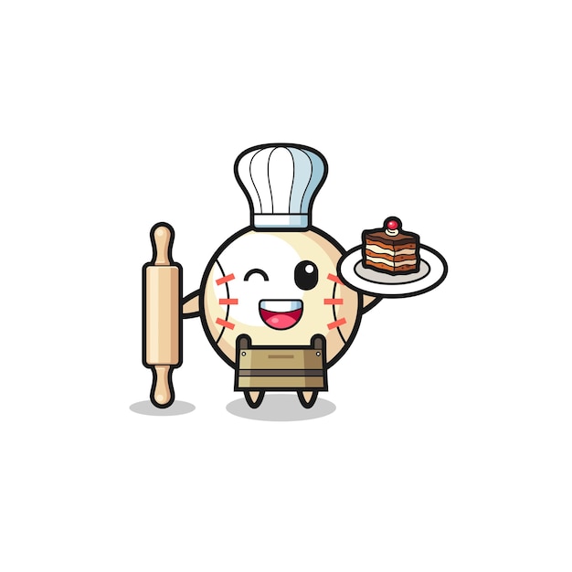 Honkbal als patissier-mascotte houdt deegroller vast, schattig ontwerp