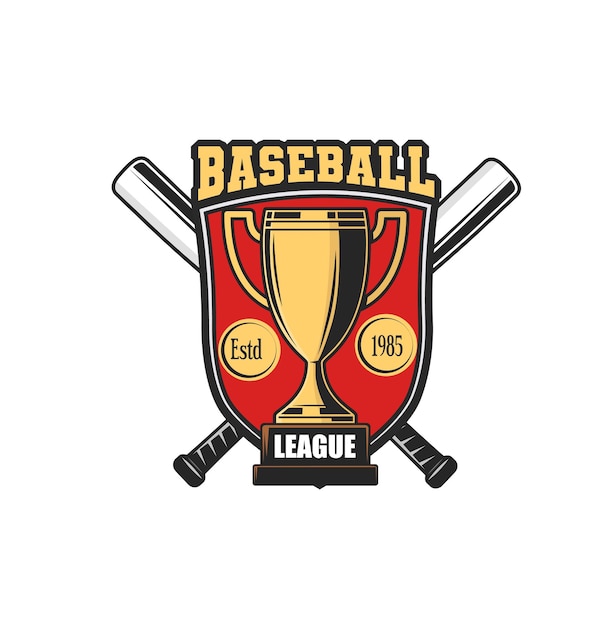 Honkbal gouden beker en gekruiste vleermuizen pictogram Honkbal teamtoernooi of kampioenschap overwinning beloning spel beste speler prijs of kampioen trofee vector embleem Winnaars gouden beker en slagman vleermuizen